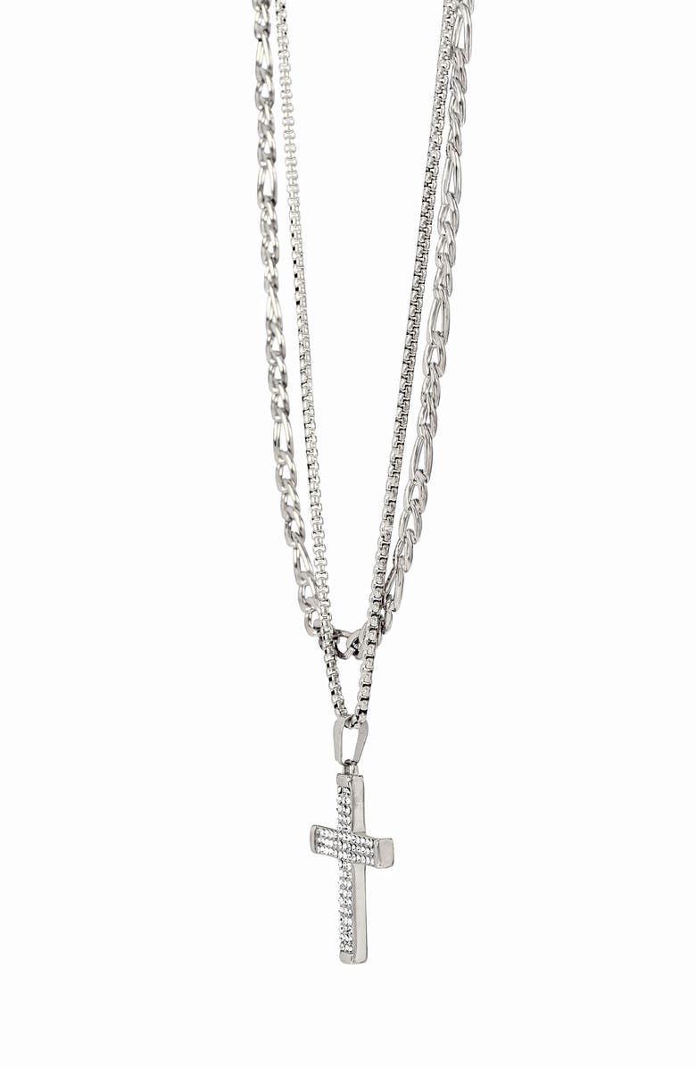 AMERICAN EXCHANGE Men's Set of 2 Figaro Chain & Pavé Crystal Cross Pendant Necklaces, Alternate, color,