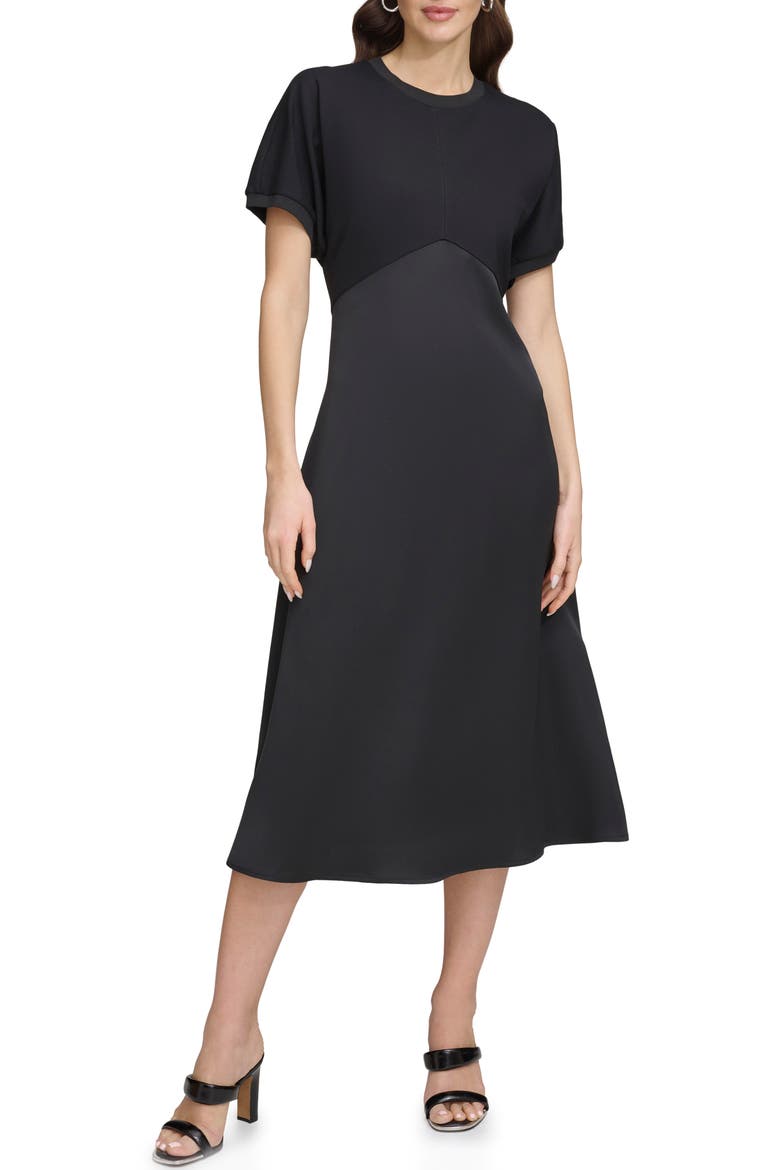 Scuba & Satin A-Line Midi Dress, Main, color, BLACK/ BLACK