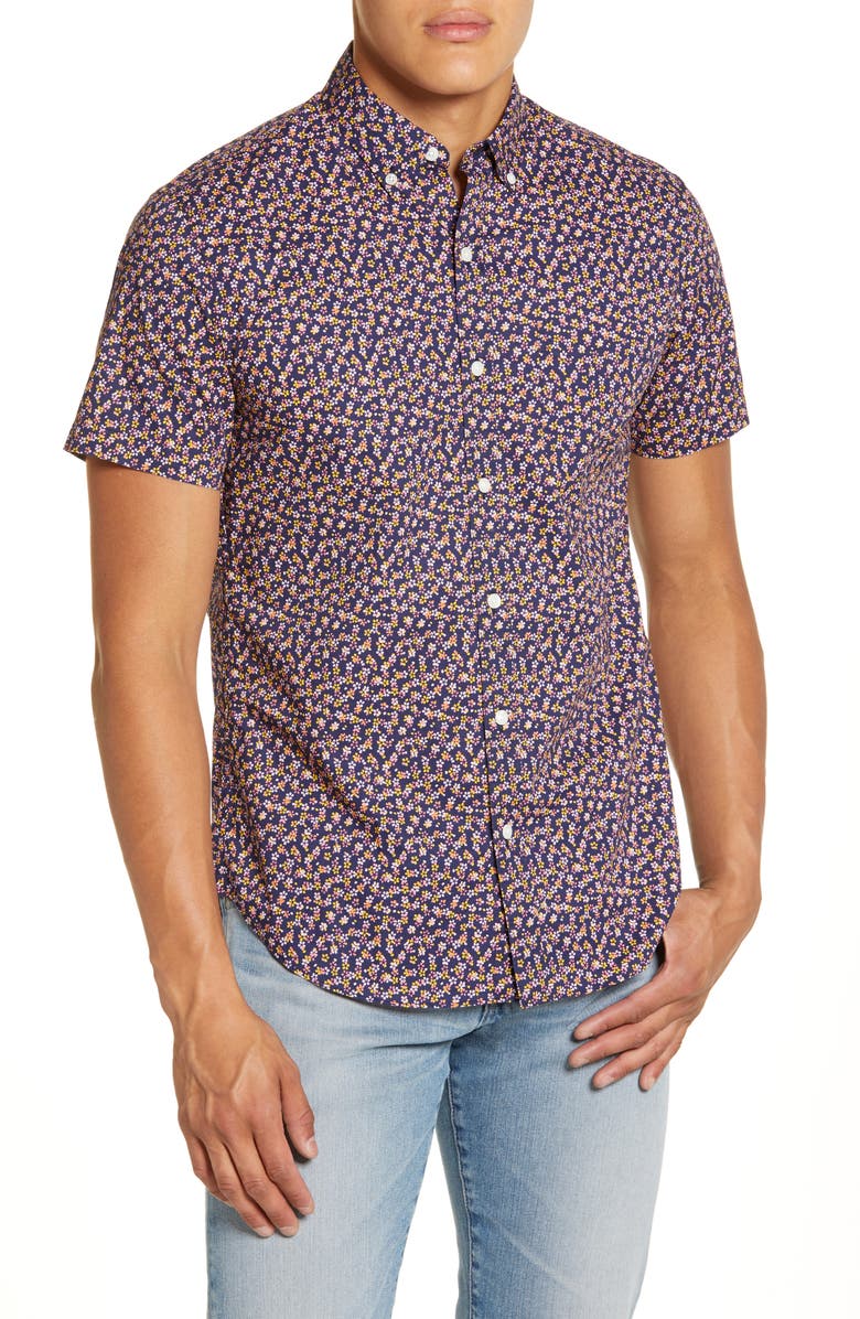 Bonobos Slim Fit Floral Print Short Sleeve Button-Down Shirt, Main, color, Corfu Floral - Papaya Slice