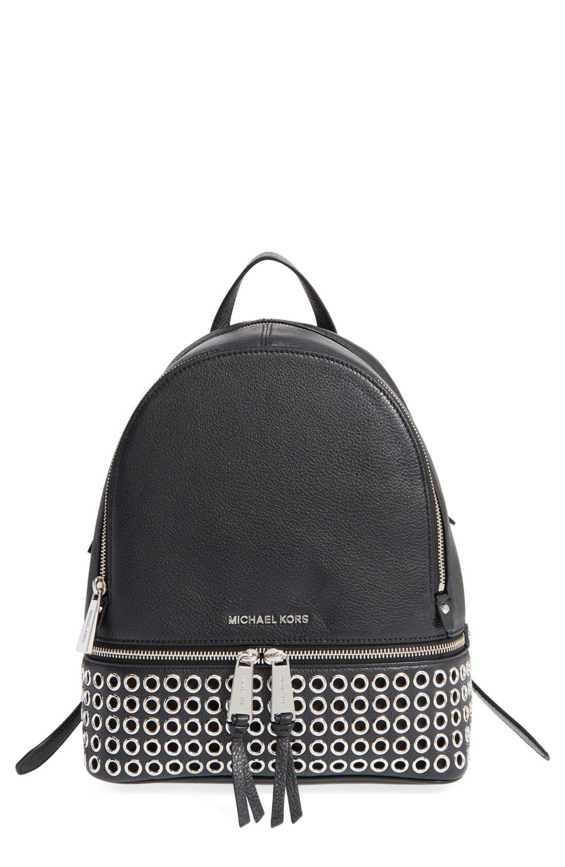 'Rhea - Zip Grommet' Leather Backpack, Main, color, BLACK/ SILVER