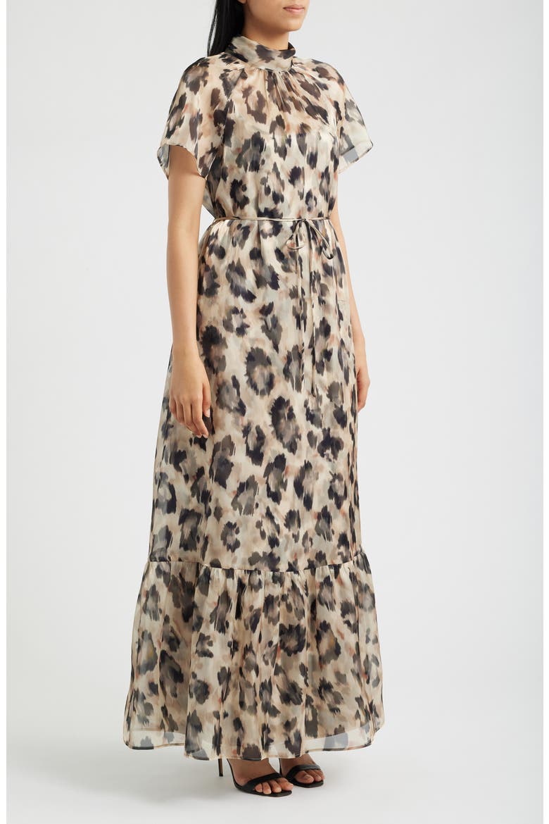 Print Tie Waist Organza Gown, Alternate, color, BLACK MULTI