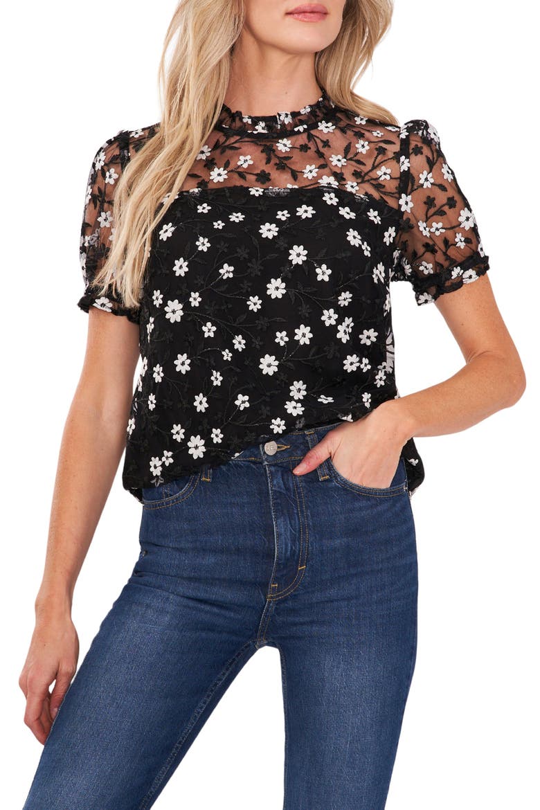 Embroidered Floral Mesh Top, Main, color, RICH BLACK