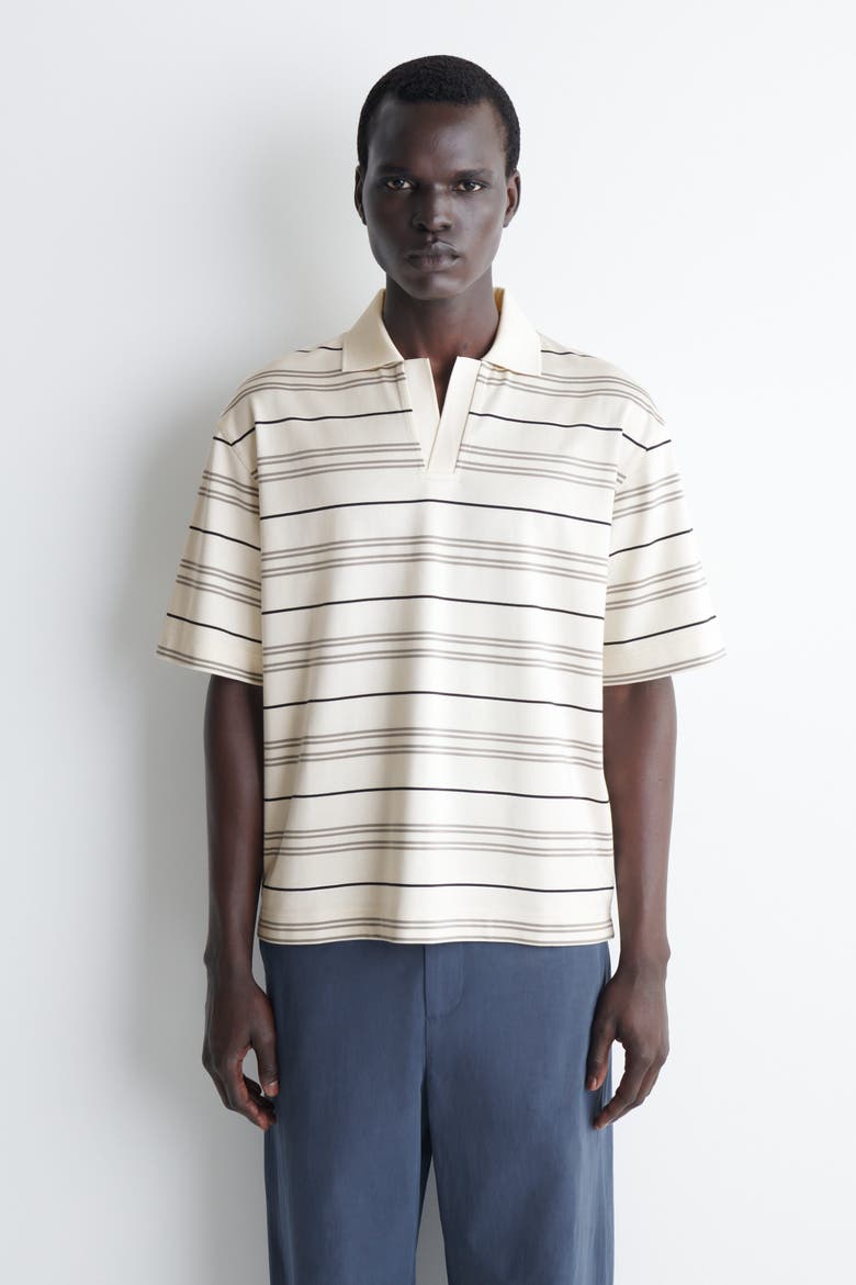 Striped Open-collar Polo Shirt, Alternate, color, IVORY / STRIPED