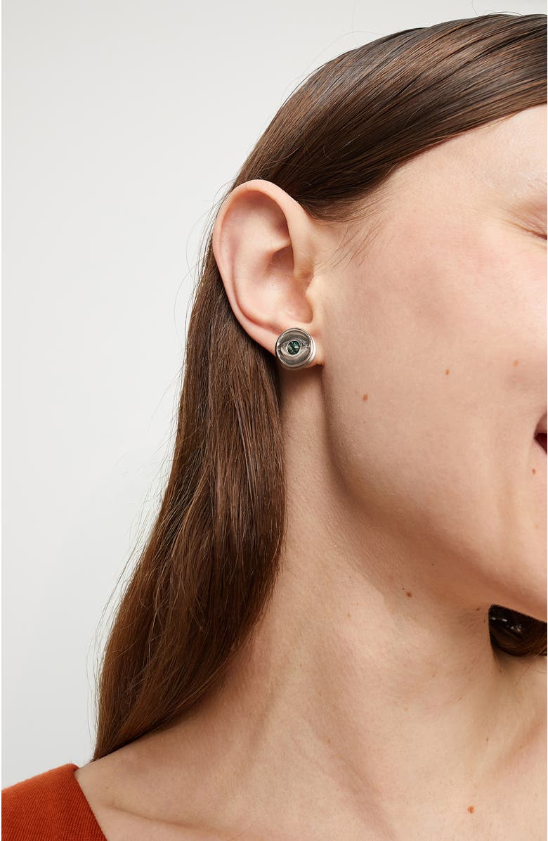 UNODE50 Silver plated button earrings with green faceted crystal, Alternate, color, Silver