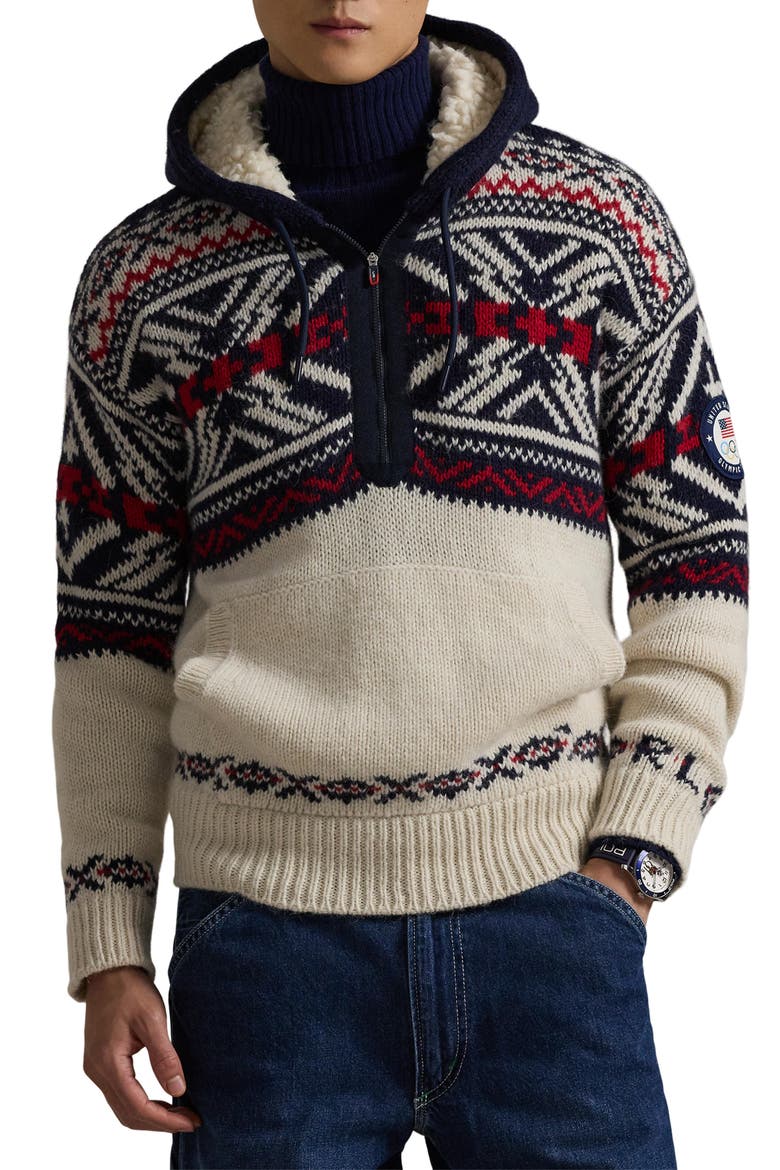 Team USA Quarter Zip Hooded Sweater, Main, color, CREAM COMBO
