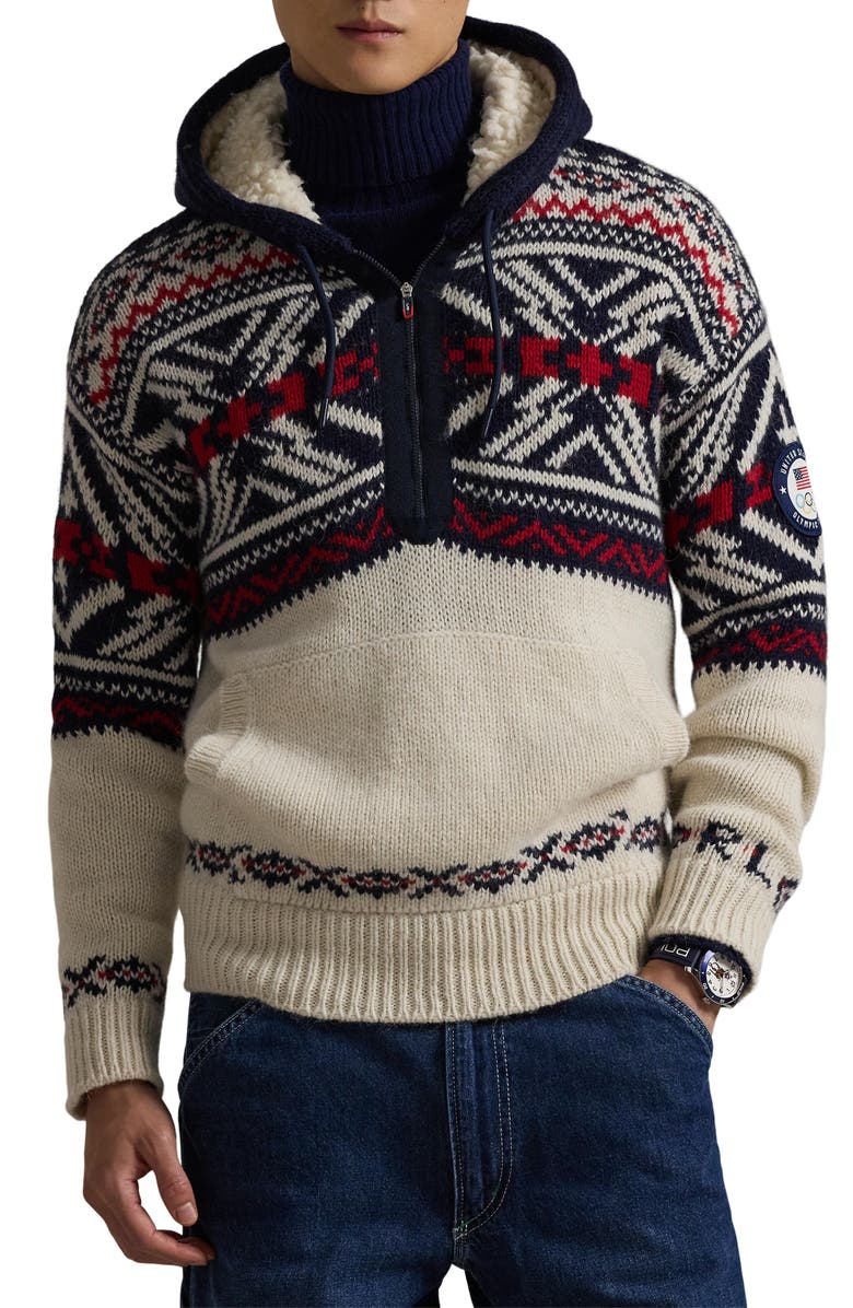 Polo Ralph Lauren Team USA Quarter Zip Hooded Sweater, Main, color, Cream Combo