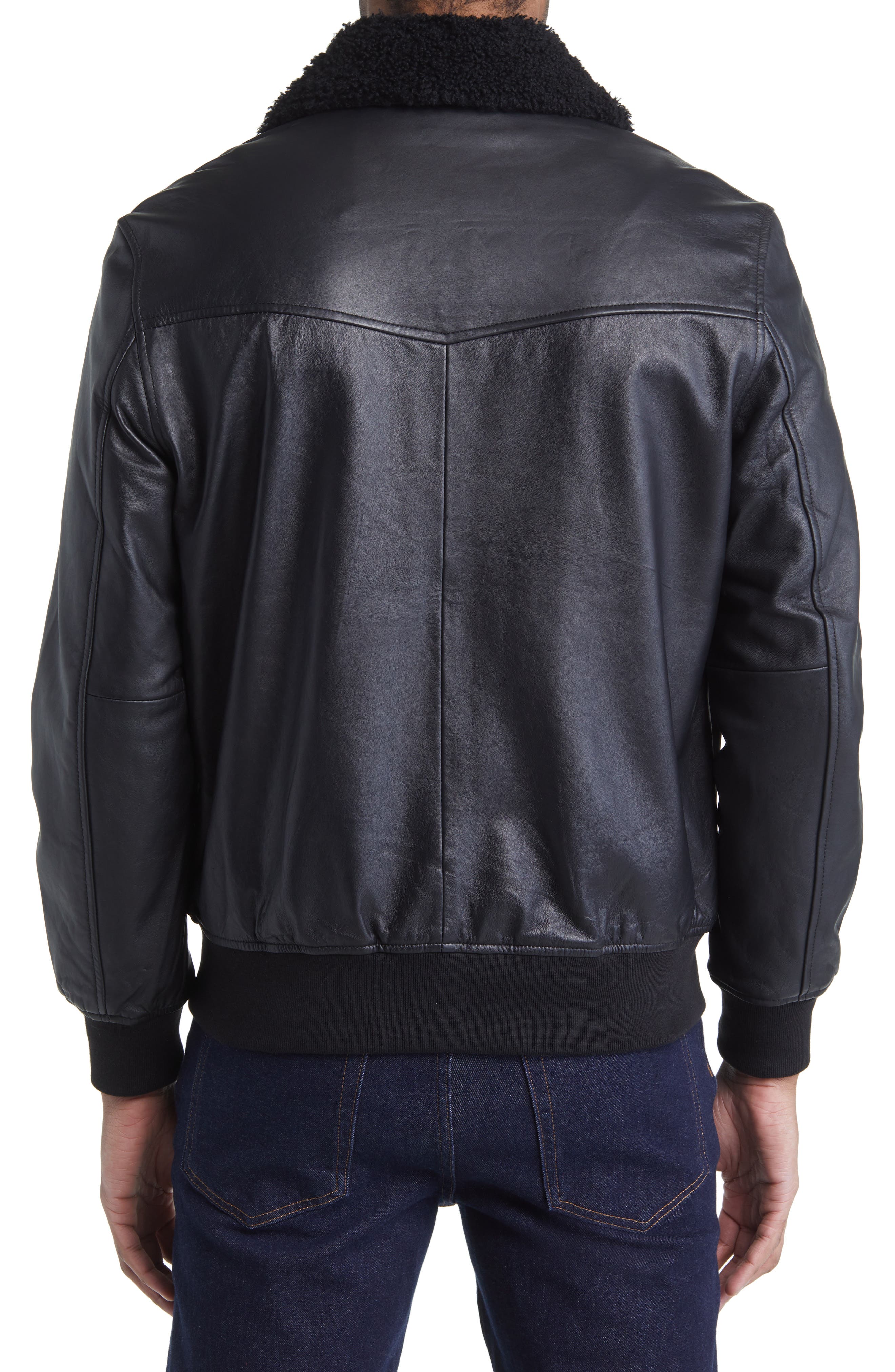 Leather Bomber Jacket with Removable Faux Shearling Collar - image 2