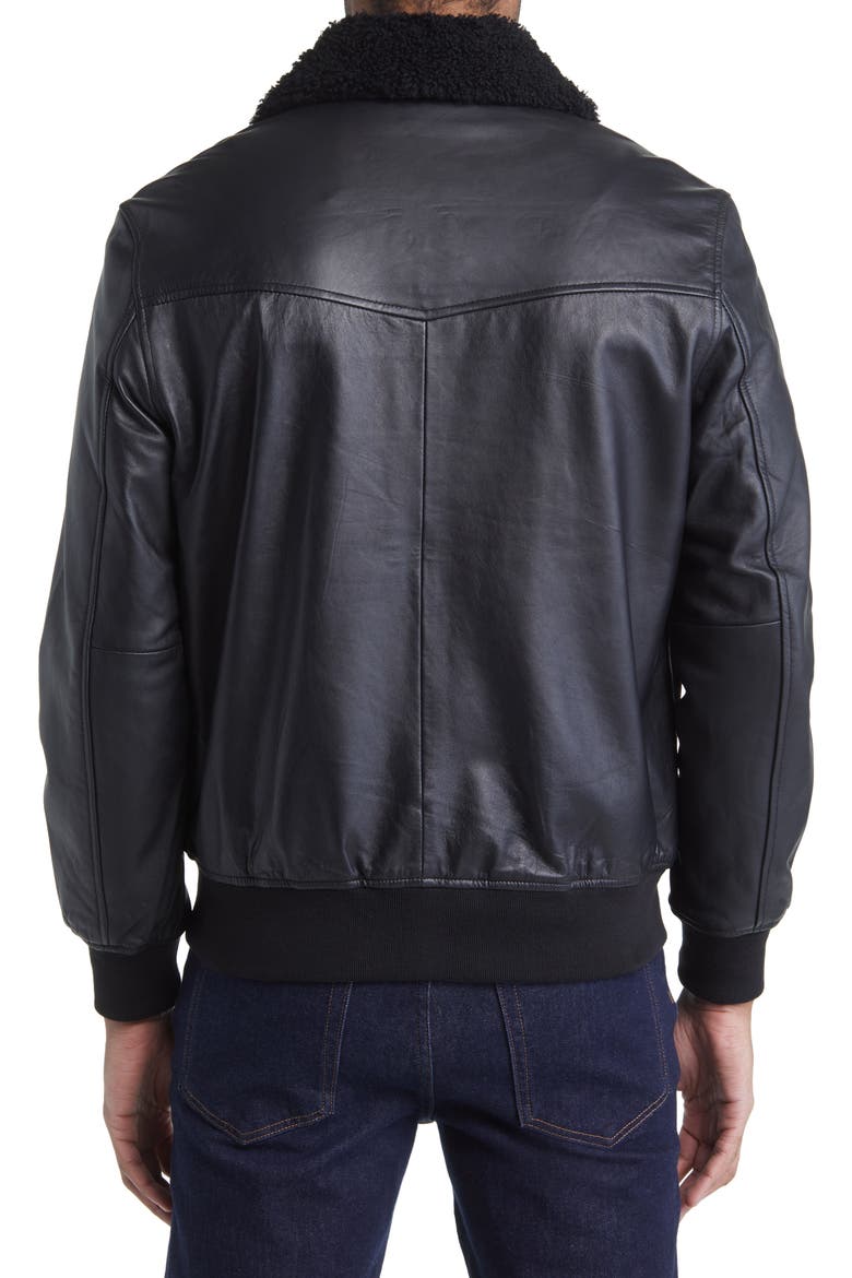 Leather Bomber Jacket with Removable Faux Shearling Collar, Alternate, color, BLACK