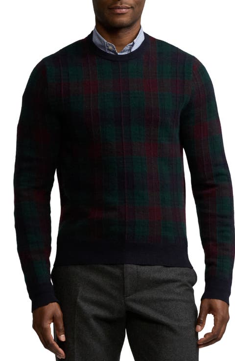 Plaid Cashmere Crewneck Sweater