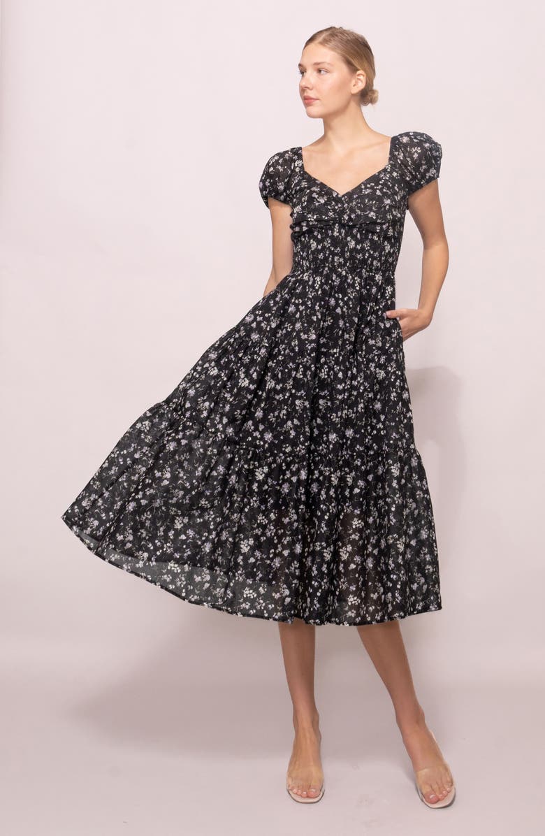 MELLODAY Ditsy Print Midi Dress, Alternate, color, Black Lilac