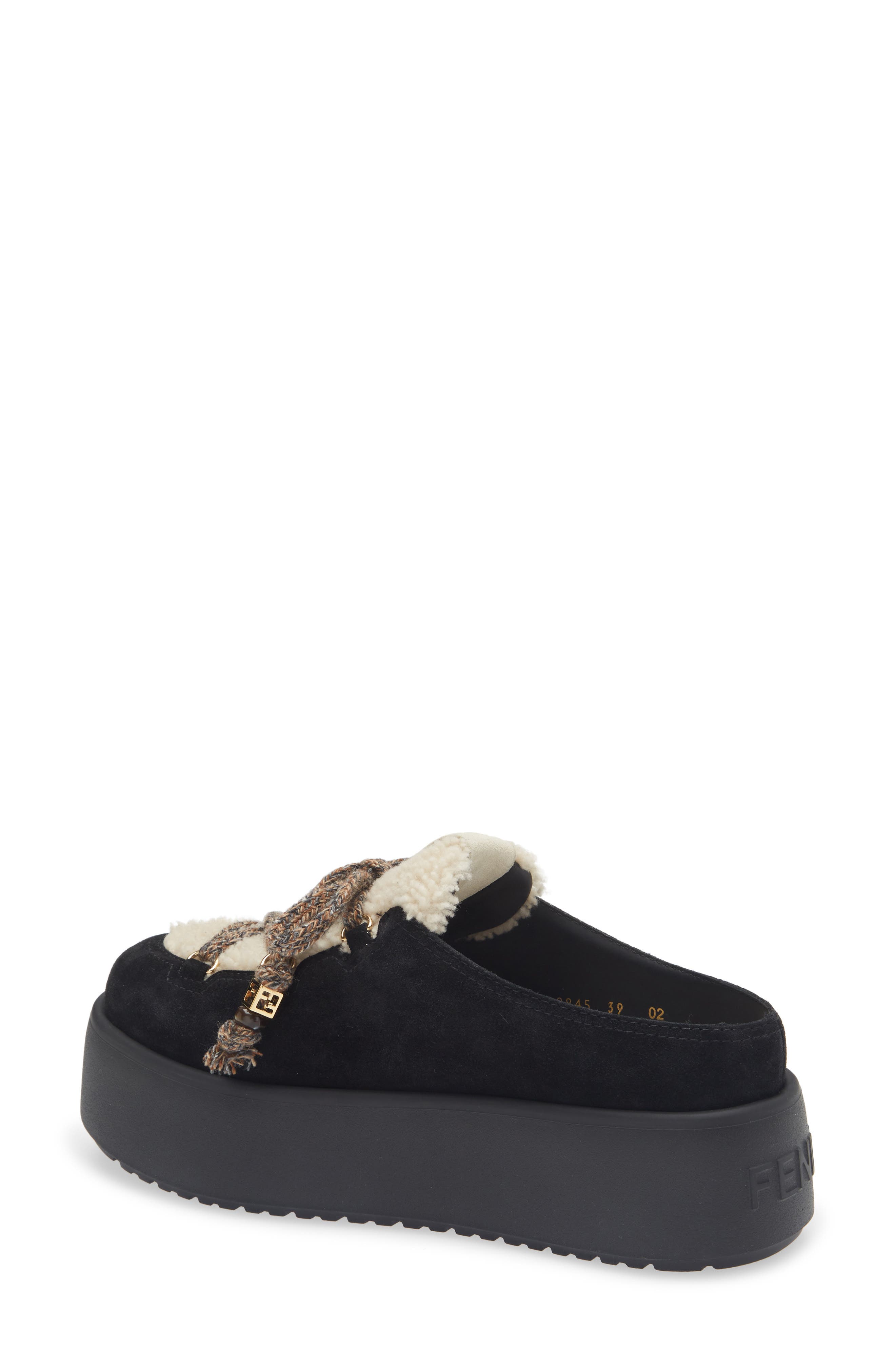 Fendi Après Chic Leather & Genuine Shearling Mule, Alternate, color, Black