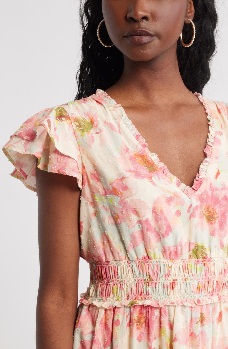 Chelsea28 Flutter Sleeve Tiered Cotton Midi Sundress, Alternate, color, Pink- Ivory Gia Floral