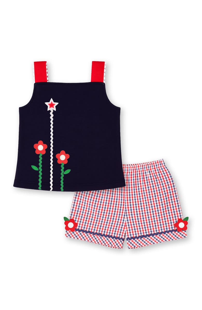 Florence Eiseman Plaid Seersucker Shorts With Ric Rac & Flowers, Alternate, color, Navy/White/Red