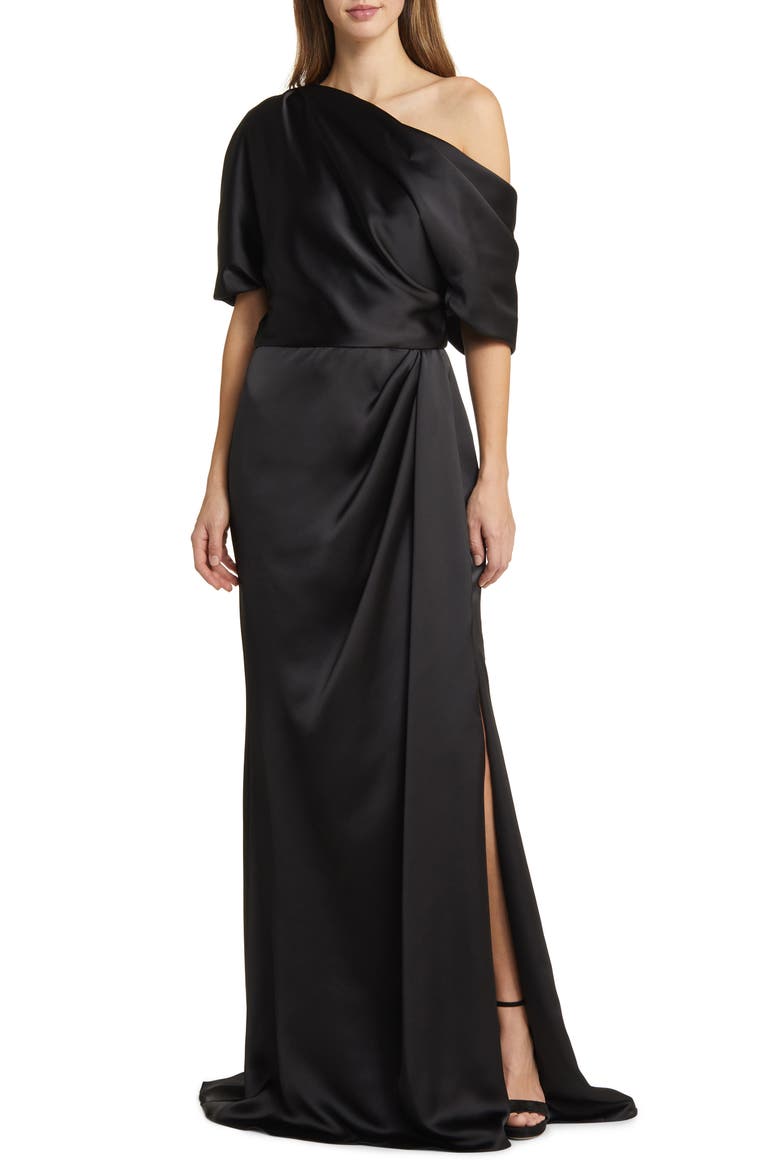 Gathered One-Shoulder Satin Gown, Main, color, BLACK