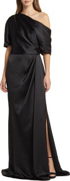 Amsale Gathered One-Shoulder Satin Gown