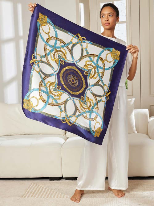 Silksilky 100% Mulberry Silk Printed Square Shawl Scarf In Blue