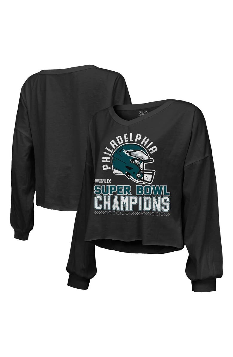 Majestic Threads Women's Majestic Threads Black Philadelphia Eagles Super Bowl LIX Champions Hard Count Off Shoulder V-Neck Long Sleeve T-Shirt, Alternate, color,