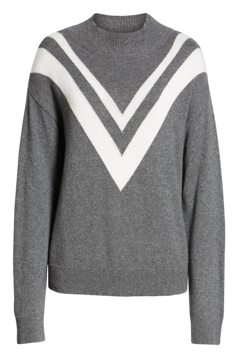 Contrast V-Stripe Funnel Neck Sweater, Alternate, color, GREY DK HEATHER- IVORY COMBO