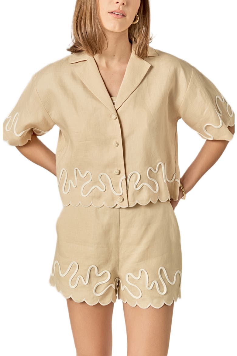 Wavy Embroidered Crop Linen Shirt, Alternate, color, BEIGE/ OFF WHITE