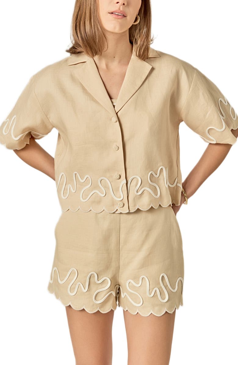 English Factory Wavy Embroidered Crop Linen Shirt, Alternate, color, Beige/ Off White