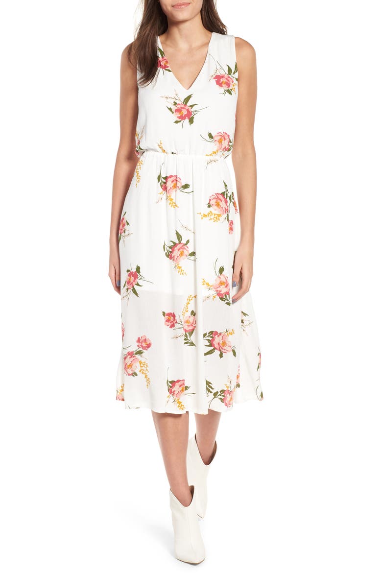 Sleeveless Blouson Midi Dress, Main, color, IVORY/ RED BAROQUE FLORAL