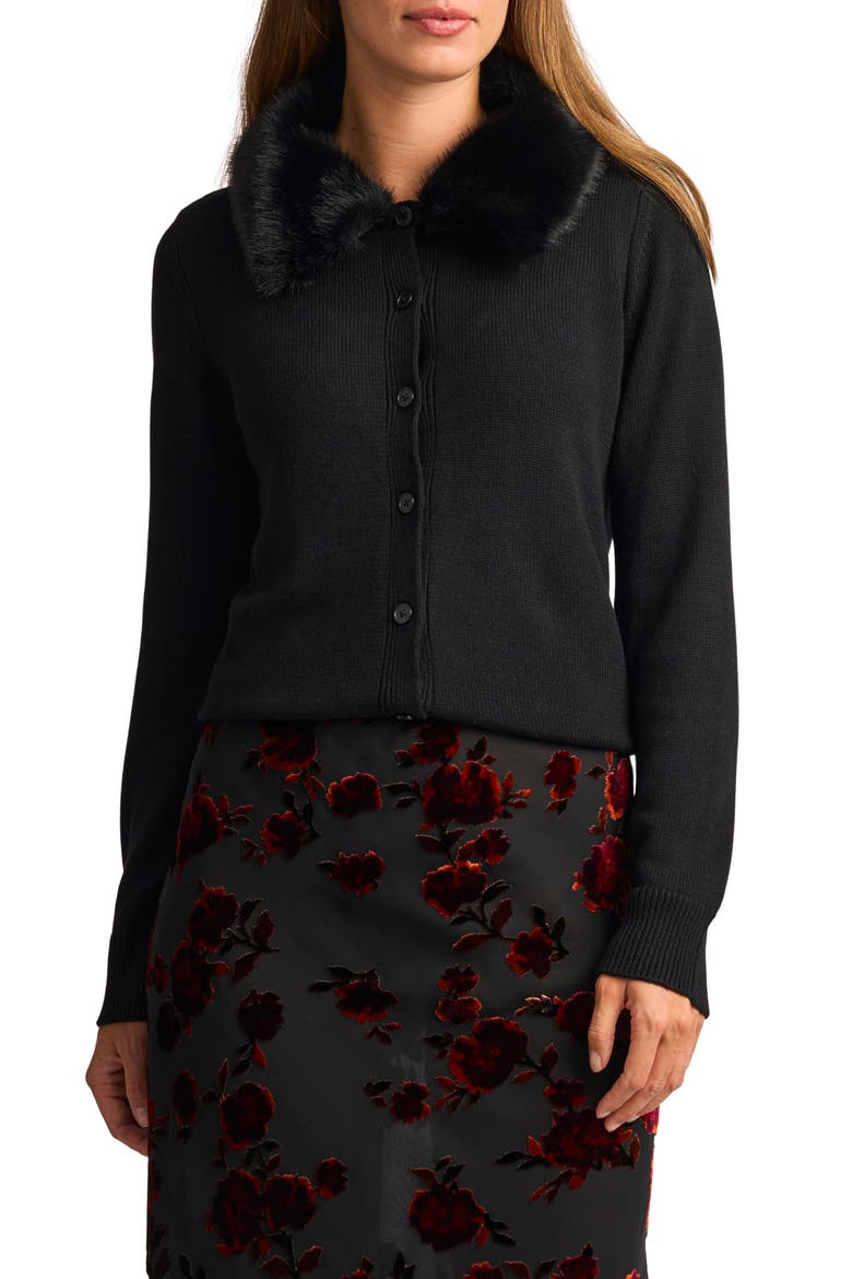 Faux Fur Collar Cardigan, Main, color, RICH BLACK