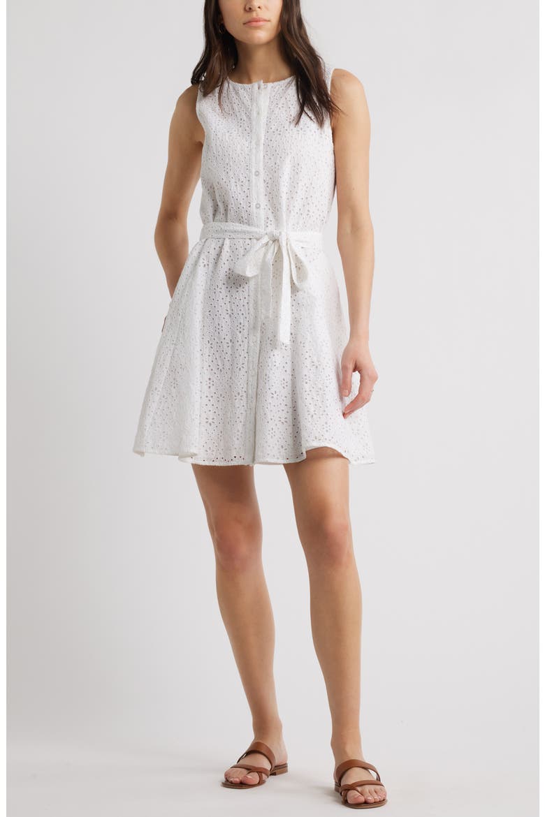 Sleeveless Cotton Eyelet Belted Dress, Main, color, WHITE