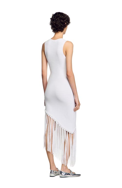 Sandro Heloise Asymmetric Fringe-trim Midi Dress In White