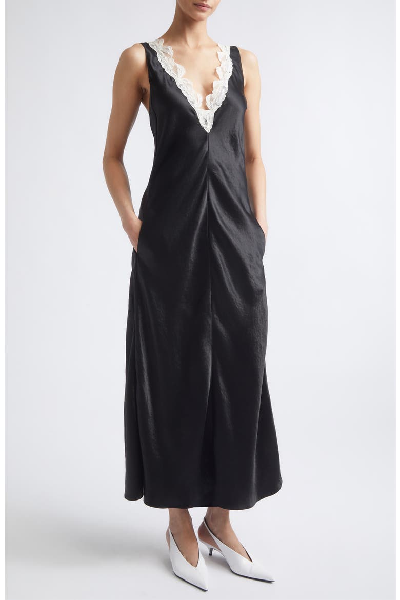 Lace V-Neck Satin Maxi Dress, Alternate, color, BLACK
