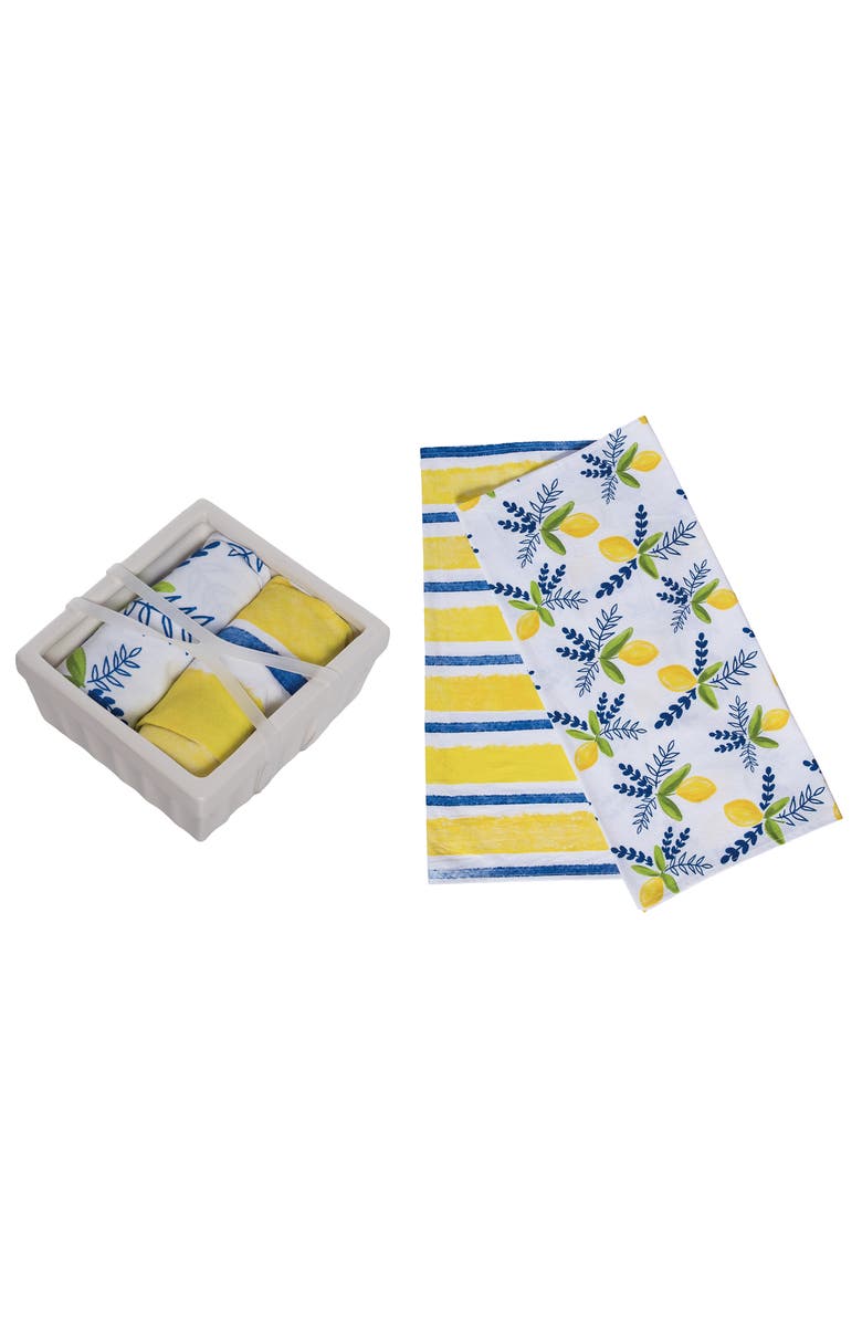 Transpac Ceramic Dish with Citrus Pattern Tea Towels Set of 3 Multicolored for Spring Serving and Entertaining, Main, color, Multicolored