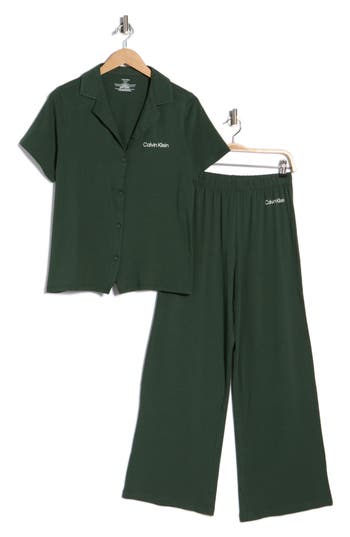 Calvin Klein Notch Collar Knit Pajamas In Green