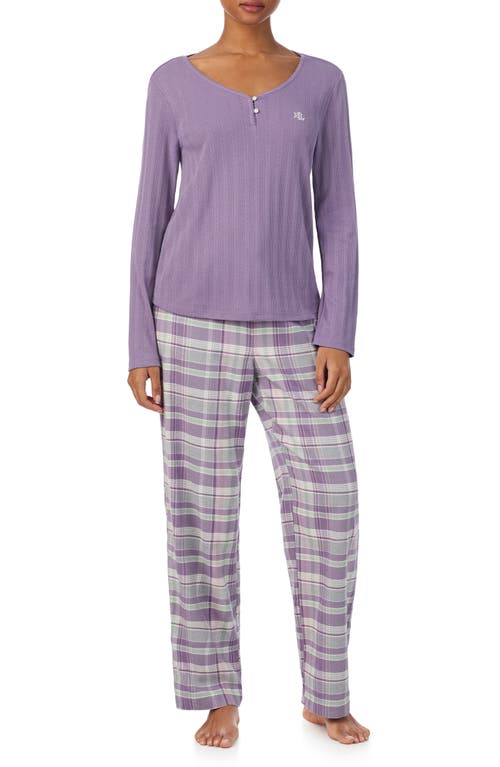 Ralph Lauren Plaid Cotton-blend Henley Pajama Set In Purple