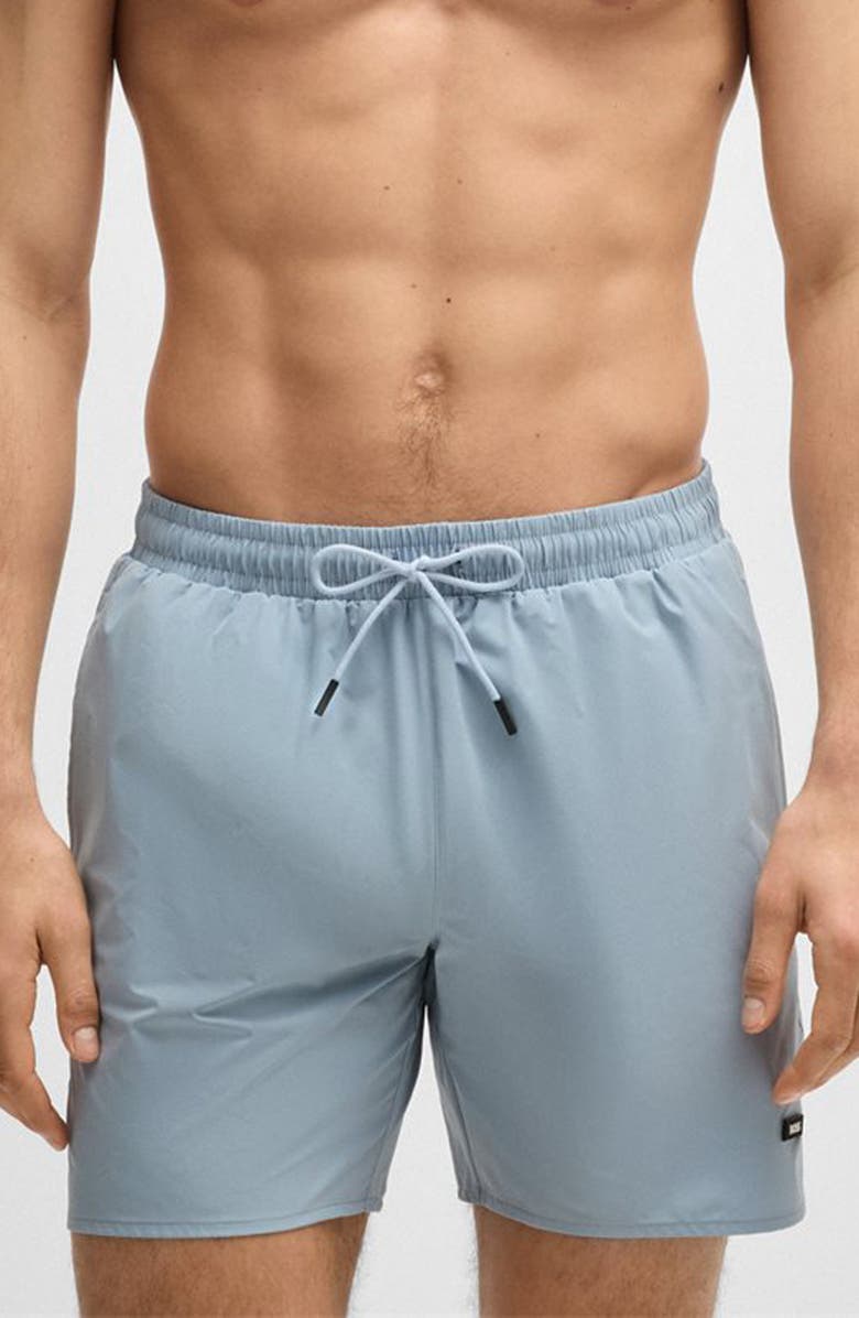BOSS Solid Stretch Swim Trunks, Main, color, Open Blue