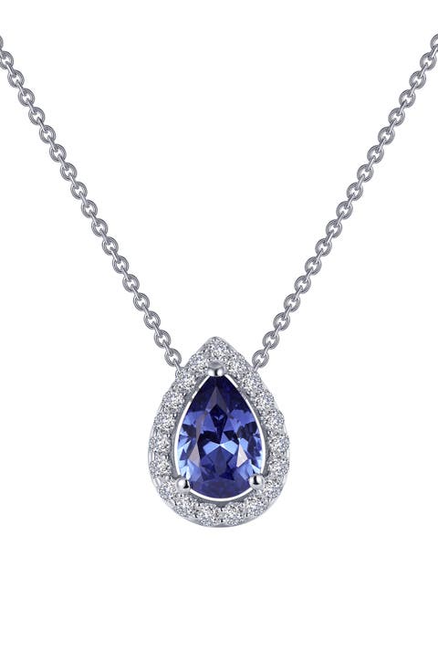 Classic Simulated Tanzanite Halo Pendant Necklace