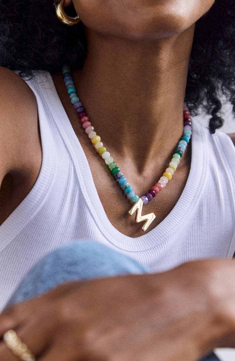 BaubleBar Rainbow Beaded Initial Pendant Necklace, Alternate, color, Rainbow Multi - D