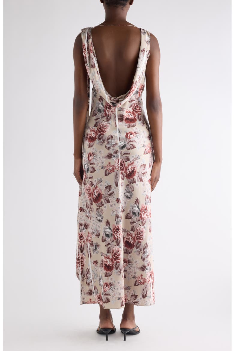 Floral Print Draped Cowl Neck Satin Midi Dress, Alternate, color, MULTI BEIGE