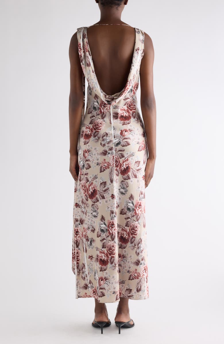 Acne Studios Floral Print Draped Cowl Neck Satin Midi Dress, Alternate, color, Multi Beige