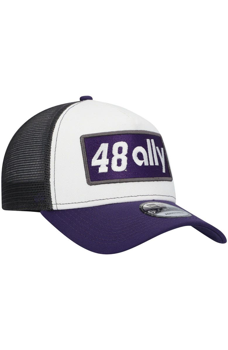 New Era Men's New Era White/Purple Alex Bowman Double Patch 9FORTY A-Frame Trucker Snapback Hat, Alternate, color, 