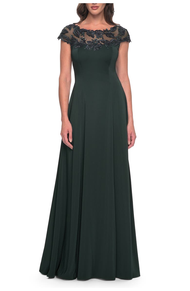 La Femme A-Line Satin Dress with Stunning Beaded Neckline and Short Sleeves, Main, color, Emerald