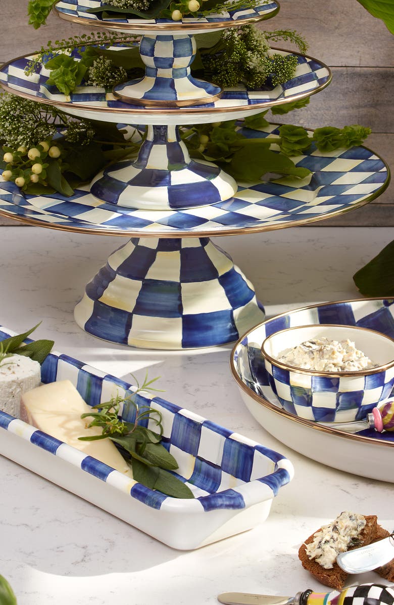 MACKENZIE CHILDS Royal Check Pedestal Platter, Alternate, color, Blue/ White