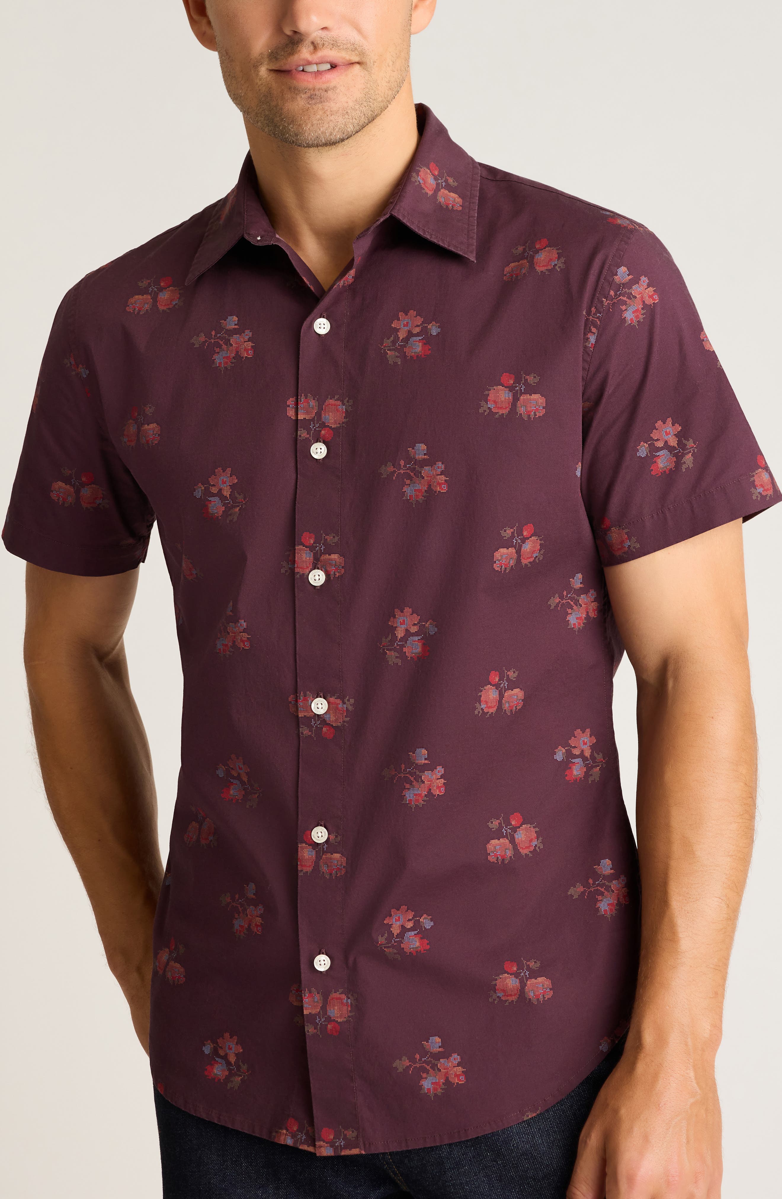 Riviera Slim Fit Floral Short Sleeve Stretch Cotton Button-Up Shirt