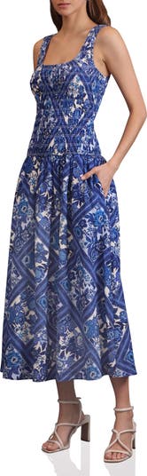 Drop Waist Smocked Midi Dress
