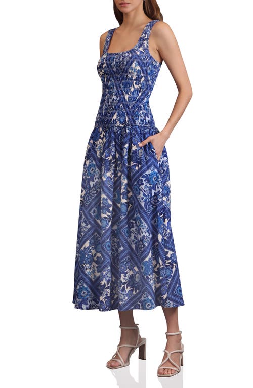 Avec Les Filles Drop Waist Smocked Midi Dress In Blue