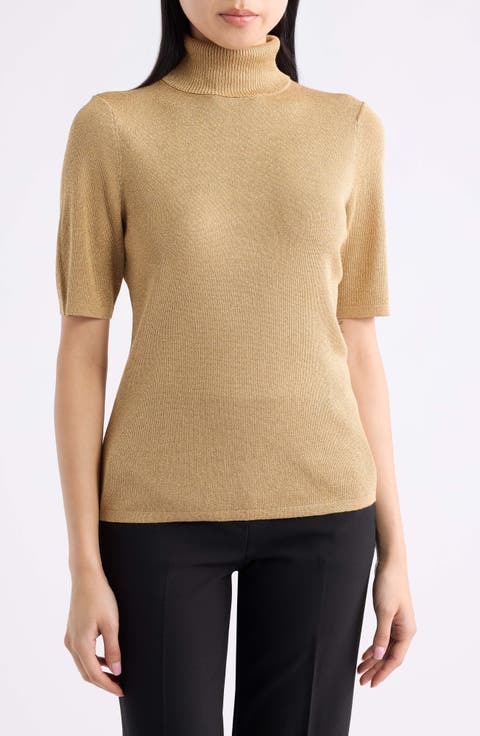 Metallic Short Sleeve Turtleneck Sweater