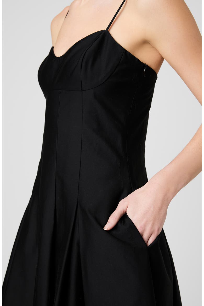 Pleated Stretch Cotton Sateen Midi Dress, Alternate, color, BLACK