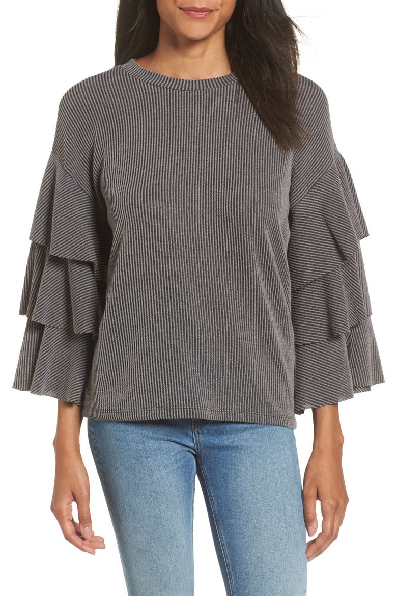 Ribbed Ruffle Sleeve Top, Main, color, WASHED BLACK