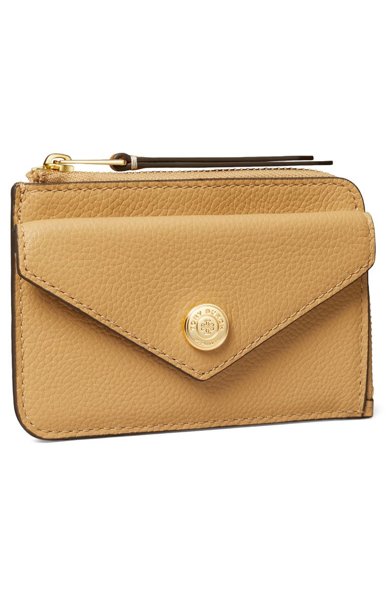 Tory Burch Pebble Leather Envelope Zip Card Case, Alternate, color, Biscotti