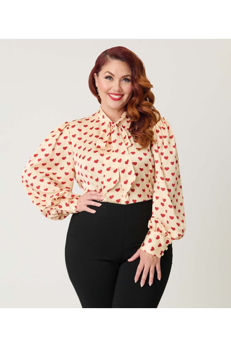 Plus Size Long Sleeve Neck Tie Gwen Blouse, Main, color, Champagne & Red Hearts