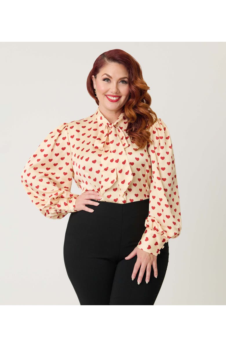 Unique Vintage Plus Size Long Sleeve Neck Tie Gwen Blouse, Main, color, Champagne & Red Hearts