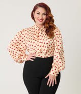 Unique Vintage Plus Size Long Sleeve Neck Tie Gwen Blouse